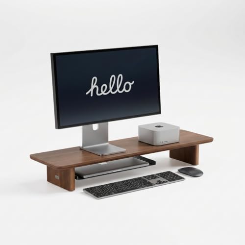 Walnut Single Monitor Stand Riser - 31.5" Wooden Monitor Stand for iMac, Laptop & Monitor, Minimalist Desk Shelf Organizer, Natural Wood Grain