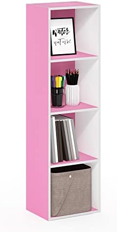 Furinno PASIR Book Shelf, 4-Tier Modern Bookshelf, Open Shelves Bookcase 9 x 12 x 42, Easy Assembly, for Living Room, Bedroom, Home Office, Pink/White