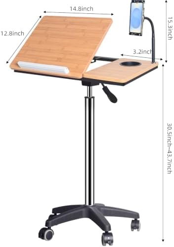 Mobile Laptop Stand Desk on Wheels, Height Adjustable Rolling Cart with Tilting Tabletop and Cup Holder (XX-Large)