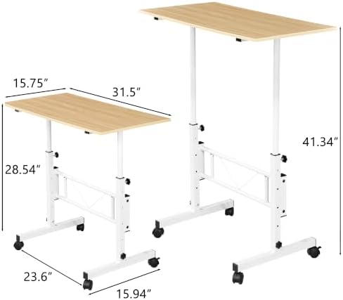 VECELO Small Standing Desk Adjustable Height, Mobile Computer Workstations with Wheels, Portable Rolling Laptop Table for Walking Pad, Home Office, Natural White