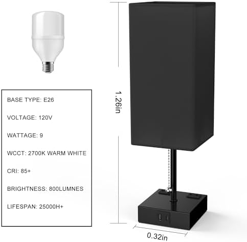 YIDPU Table Lamp for Bedroom with USB,Bedside Lamp with USB C+A Charging Ports,Adjustable 3color LED Light for Home Decor/Nightstand/Office,Included Bulb and Fabric Lamp Shade (Linen Black, 2PCS)
