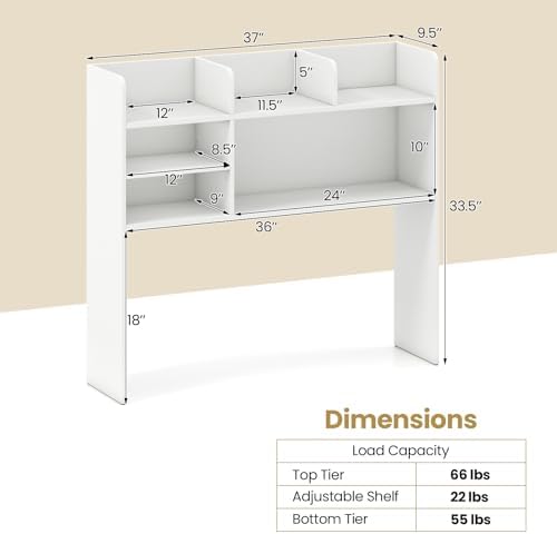 Tangkula Desktop Bookshelf for Computer Up to 32”, 37” Countertop Storage Hutch with 6 Storage Shelves, 3-Tier Desktop Organizer Display Rack, Wooden Desk Hutch for Dorm Home Office (White)