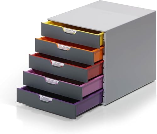Durable Varicolor Drawer Organizer, 5 Color Coded Drawers, Gray