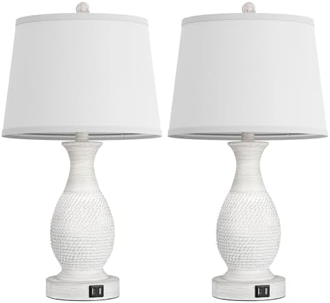 PARTPHONER Set of 2 Table Lamps with USB C+A Fast Charging Ports, 26" Tall Farmhouse Living Room Lamp with 3-Way Dimmable Nightstand Lamp White Fabric Shade for Living Room Bedroom Home Office
