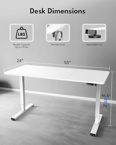 Large Electric Standing Desk, Gaming Desk, 55 x 24 Inch, White