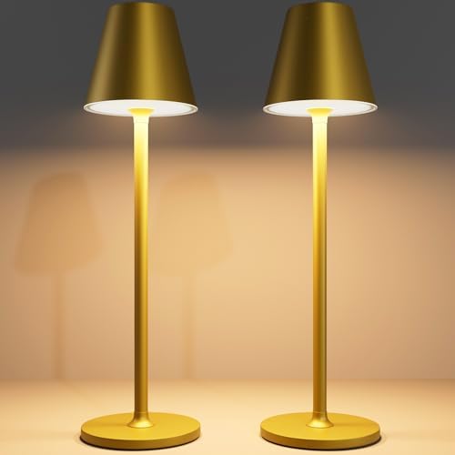 Timjorman 2-Pack Cordless Table Lamps - 5000mAh Rechargeable Battery Operated Desk Lamp, 3-Level Dimmable LED Night Light for Bedroom, Dining, Restaurant - Metal Design (Bronze 2PACK)