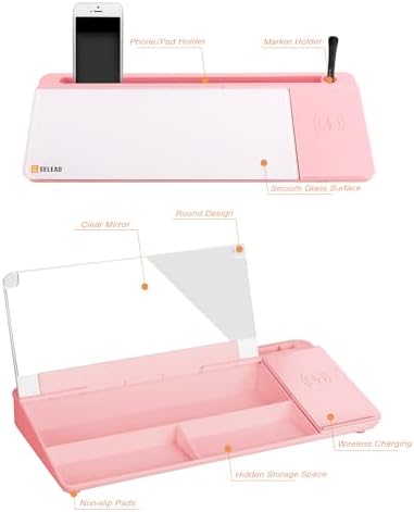 SELEAD Desktop Glass Whiteboard with Wireless Charger and Mirror, Pink
