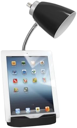 Simple Designs LD1093-BLK 18.5" All-in-One Gooseneck Desk Lamp with iPad Stand, Book Holder, and Convenient USB Port, for Office, Bedroom, Living Room, Black