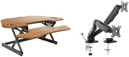 Rocelco 46" Height Adjustable Corner Standing Desk Converter with Dual Monitor Arm Mount Bundle - Sit Stand Up Tabletop Computer Workstation Riser - Extra Large Keyboard Tray - Teak (R CADRT-46-MA2)