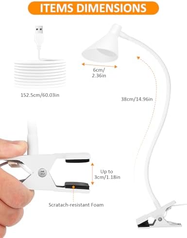 LiFMIRA Desk Lamp Clip on Light USB Reading Light 3 Color Modes White