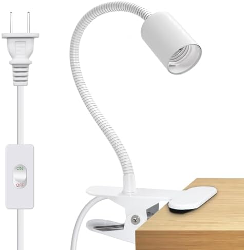 Clip on Desk Lamp, White Clip Lamp Holder with 220 CM Switch and Plug Cable, Clamp Light Socket with Metal Clamp, 9-350 MM Thickened Lengthened Gooseneck Light, E27 Lamp Holder, for Home Office
