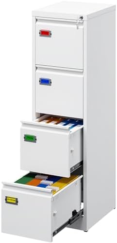 PEUKC 4-Drawer File Cabinet, 16.3" Deep Vertical Filing Cabinet with Lock, Metal File Cabinet for Home Office Furniture, Anti-Tip 4 Storage Drawers for Letter/Legal/F4 Size (Assemble Required, White)