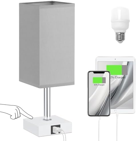 Touch Table Lamp for Bedroom - Dimmable, USB C+A, Grey Lamphade White Base