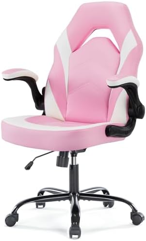 NEWBULIG Gaming Office Computer Chair – Ergonomic Mid-Back with Flip-Up Armrests, Adjustable Height, Lumbar Support & 360° Silent Swivel Wheels, PU Leather for Home/Office, Pink