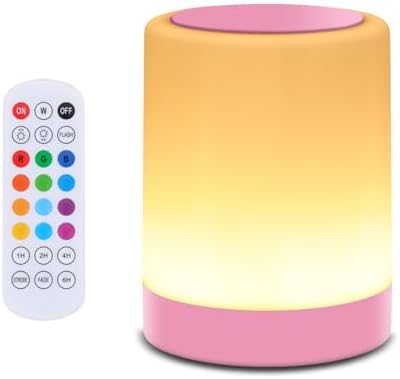 OORUN Touch Bedside Table Lamp,13 RGB Colors & 5 Brightness, USB Rechargeable Desk Lamp, Remote Control Dimmable Night Light with RGB Color Changing,Portable Lamp for Baby, Bedroom, Living Room (Pink)