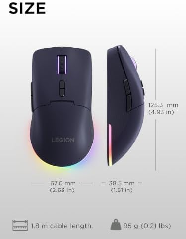 Lenovo Legion M220 Wireless RGB Gaming Mouse, Tri-Mode (Bluetooth, 2.4GHz & Wired), 5000 DPI Optical Sensor, 2-Zone RGB Lighting, 100Hr Battery, 7 Buttons, USB-C Rechargeable, Nebula Purple
