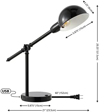 JONATHAN Y Curtis Task Lamp 20.25" Industrial Metal Adjustable USB, Black