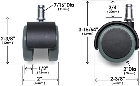 Slipstick CB680 50mm (2 Inch) Floor Protecting Rubber Office Chair Caster Wheels (Set of 5) Standard Stem Size - Black/Gray