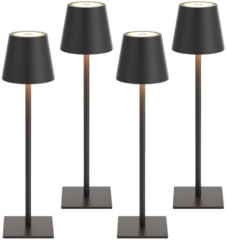 Kakanuo Cordless Rechargeable Table Lamp Black 5000mAh Battery Operated Lamps, 3 Colors Stepless Dimming Touch Lamp for Dining, Living Room, Outdoor Patio, Kitchen Counter, 4 Pack