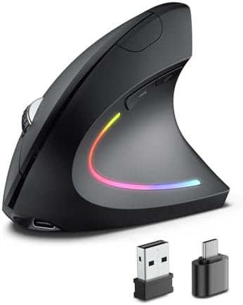 POJTK Ergonomic Wireless Rechargeable Mouse, Bluetooth+USB A+Type C(3 in 1) Connection, 5 Levels Up to 4800 DPI, 6 Silent Buttons, 2.4GHz Carpal Tunnel Vertical Mice, for Laptop, Desktop,MacBook-black