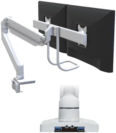 UPLIFT DESK Crestview Align Dual Monitor Arm - Gas Spring Monitor Mount with Adjustment Handle & USB Ports, 13-32” Inch Displays, VESA Compatible, Clamp or Grommet Mounting, Fits Standing (White)