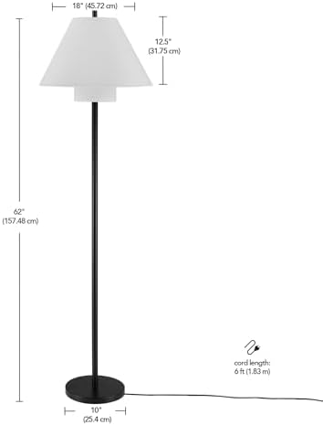 Globe Electric 61000170 62" Floor Lamp, Matte Black, White Fabric Double Shade, On/Off Rotary Switch on Socket, 5-Foot Black Cord, 1-Light, 60W E26/Medium Base Bulb