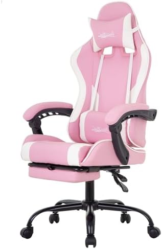 PayLessHere Ergonomic Racing Desk Chair Computer Chair Gaming Chair with Footrest Lumbar Support Headrest Armrest Task Rolling Swivel Ergonomic E-Sports Adjustable PC Gamer Chair (Pink)