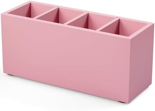 Bivvclaz Pencil Pen Holder for Desk, Wooden Office Desk Organizers and Accessories with 4 Slots for Countertop, Makeup Brush Holder Organizer for Bathroom Vanity, Silverware Caddy for Party, Pink