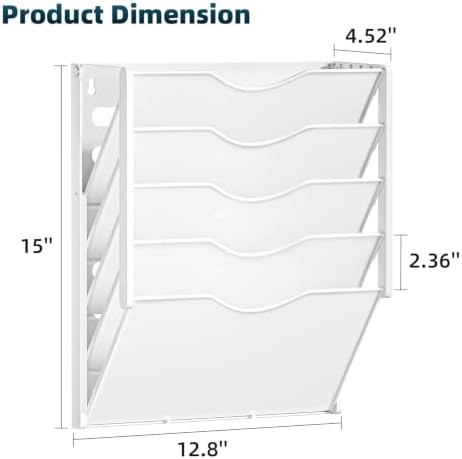 Marbrasse 5 Tier Wall File Organizer, Plastic Hanging File Holder for Mail, Magazines Paper Organizer Wall Mounted for Office Home (White)