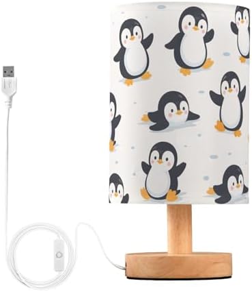 Bedside Lamp Cute Penguins Table Lamp for Bedroom LED Nightstand Lamp Shade USB Ports Wood Base for Living Room Dorm Office