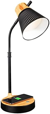 OttLite LED Table Lamp with Wireless Charging and USB, Black with Wood