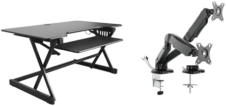 Rocelco 40" Height Adjustable Standing Desk Converter with AC Outlet USB Charger and Dual Monitor Arm Mount - Sit Stand Up Tabletop Riser - Sliding Keyboard Tray - Black (R DADRB-40-ACUSB-MA2)