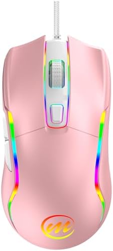 memzuoix Wired Gaming Mouse with RGB - 6 Adjustable DPI up to 12800, 6 Buttons, 12 Lighting Modes, Ergonomic Design with Anti-Slip Rubber Wheel, 5.6ft Braided Cable for PC/Mac/Windows - Pink