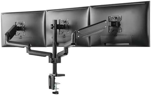 Mount-It! Triple Monitor Desk Mount with Full Motion Arms, 3 Monitor Riser with Gas Spring Arms for 27" Max Computer Screens, Sturdy Dual Clamp Base, Black