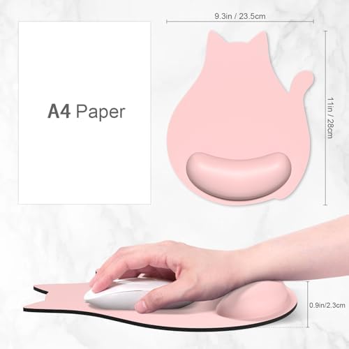 Ergonomic Mouse Pad with Wrist Rest, Cute Cat Memory Foam Padded Pain Relief Non-Slip Wrist Support Mouse Mat for Gaming Work Computer Laptop, Funny Office Supplies Desk Accessory, Pink