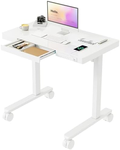 Monomi 35x20" Glass Electric Standing Desk with Drawer and Wheels, White