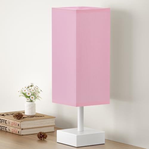 aooshine White Small Bedside Lamp for Bedroom - Square Pink Fabric Shade