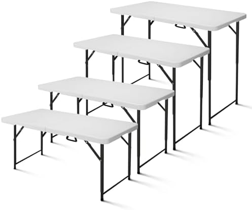 4ft Folding Table, Portable Fold-in-Half Adjustable Height Utility Table for Indoor/Outdoor Use, Durable HDPE & Steel, Stable & Lightweight, Multi-Purpose, White