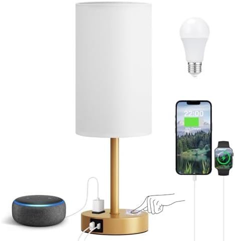 Fenmzee 17.4" Gold Lamp for Bedroom - Dimmable Touch, USB A+C, AC Outlet