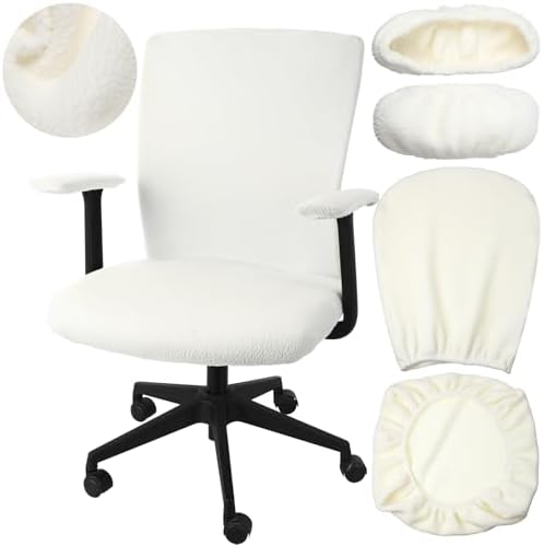 4 Pcs Office Chair Covers Pads Set, Square High Back, Cream, Lamb Fleece