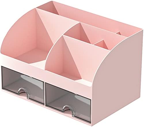 COMFYROOM Desk Organizer with 6 Compartments and 2 Drawers, Plastic Makeup Organizer, Pen Holder for Desktop Storage, Desk Organization for School, Home, Office Supplies (Pink)