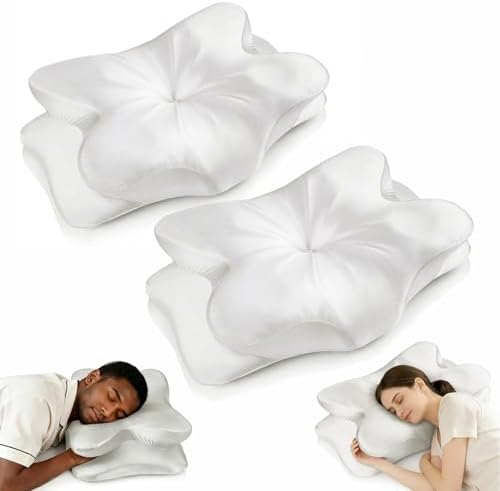 2-Pack Cervical Neck Pillow for for Neck Support,Ergonomic Memory Foam Contour Pillow with Wrinkle-Resistant Silky Satin Fabric Cover,Orthopedic Bed Pillow for Side,Back,Stomach Sleepers,White