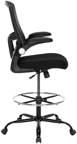 Ergonomic Drafting Chair – Tall Office Chair for Standing Desk, Adjustable Height Mesh Chair with Footrest and Flip-Up Arms, Counter Stool, Black