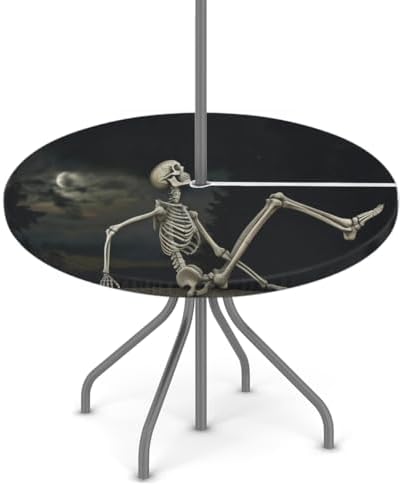 Outdoor Round Tablecloth with Umbrella Hole, Funny Skeleton Stretching Halloween Night Waterproof Table Covers 36-44 inch with Elastic Zippered Washable Table Cloths Mat for Picnic Patio Garden