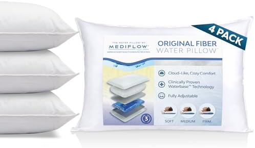 Mediflow Fiber Water Pillow - Adjustable Bed Pillow for Neck Pain Relief, Ideal for Side, Back, and Stomach Sleepers, Clinically Proven for Comfort and Support (4 Pillows)