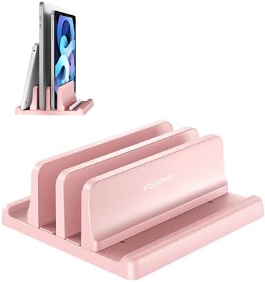 Vaydeer Vertical Laptop Stand for Desk, Dual Slots Plastic Laptop Holder with Space Saving 4-in-1 Design, Adjustable Laptop Stand Supports MacBook, Chromebook, Surface, Dell (Pink)