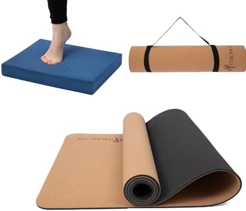 StrongTek Foam Balance Pad & Cork Yoga Mat Set – Non-Slip Stability Pad and Eco-Friendly Yoga Mat for Exercise, Pilates, Physical Therapy & Home Fitness