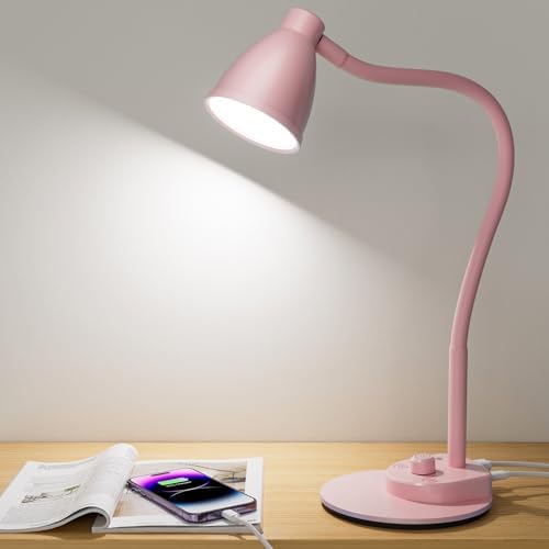 BOHON Cute Desk Lamp with USB Charging Port, 3 Color Modes Dimmable, Pink