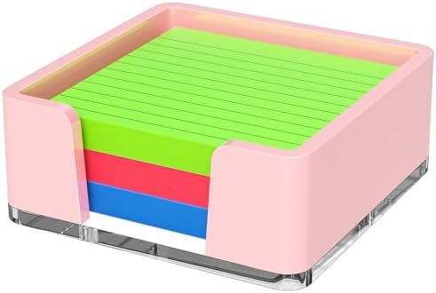 Sticky Note Holder, Pink Acrylic Notepad Holder 3x3 in Self-Stick Note Dispenser Office Desk Accessories, Memo Pad Holder Organizer for Classroom School Supplies
