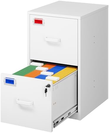PEUKC 2 Drawer File Cabinet with Lock, 25.4" High Vertical Filing Cabinet, 17.7" Deep Metal Storage Cabinets for Home Office, Letter/Legal/A4/F4 Size, White(Assemble Required)